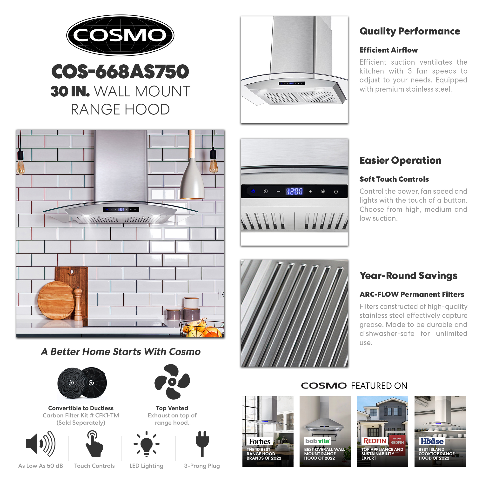 Cosmo 30 in. Ductless Wall Mount Range Hood in Stainless Steel with LED  Lighting and Carbon Filter Kit for Recirculating 